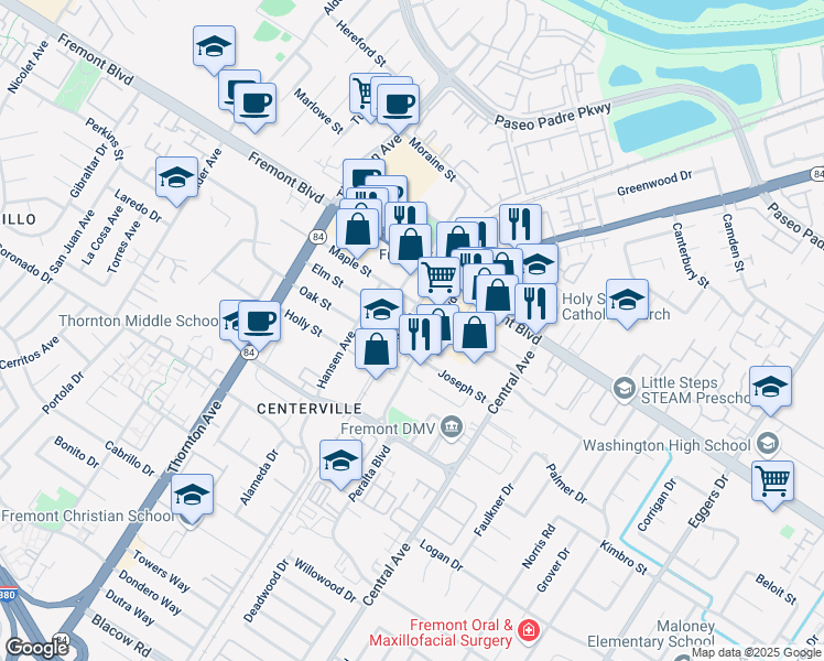 map of restaurants, bars, coffee shops, grocery stores, and more near 37321 Hatchling Terrace in Fremont