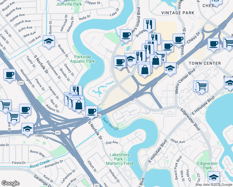 map of restaurants, bars, coffee shops, grocery stores, and more near in San Mateo