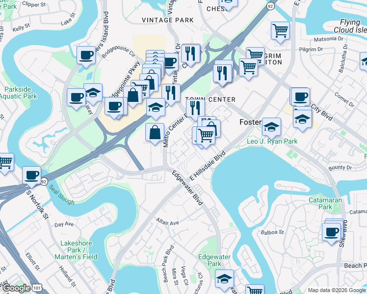 map of restaurants, bars, coffee shops, grocery stores, and more near 29 West Parkway Lane in Foster City