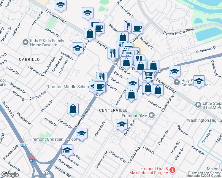 map of restaurants, bars, coffee shops, grocery stores, and more near 37091 Holly Street in Fremont