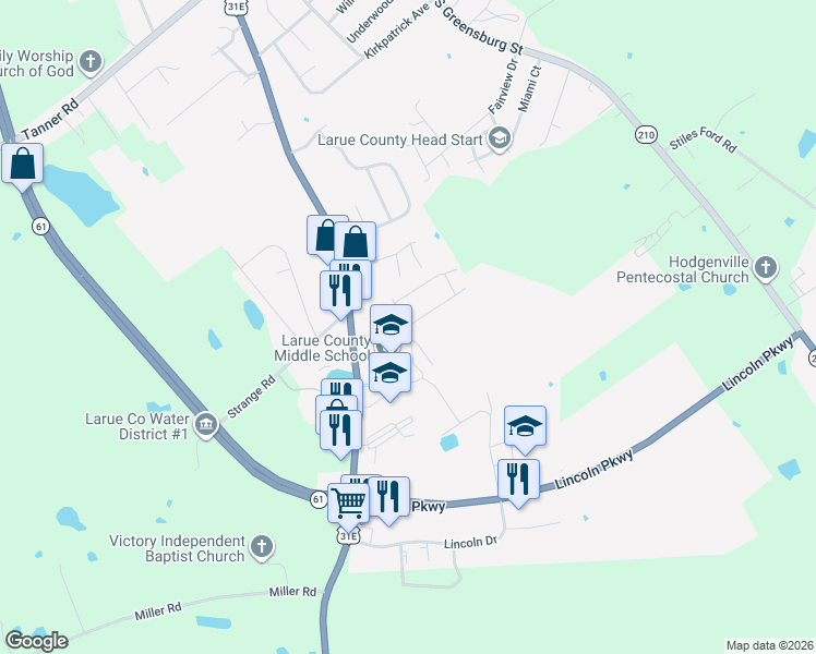 map of restaurants, bars, coffee shops, grocery stores, and more near 112 Dana Drive in Hodgenville