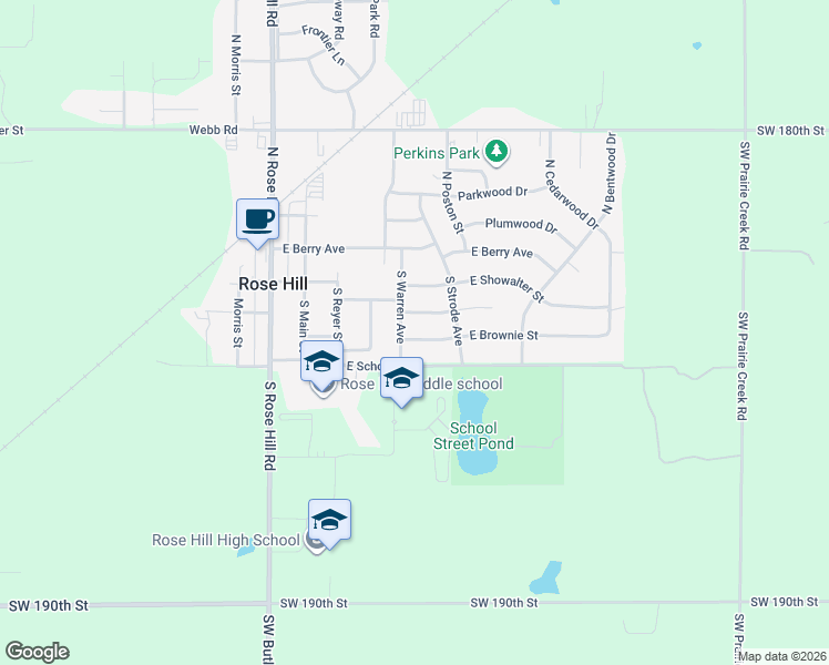 map of restaurants, bars, coffee shops, grocery stores, and more near 404 East Brownie Street in Rose Hill