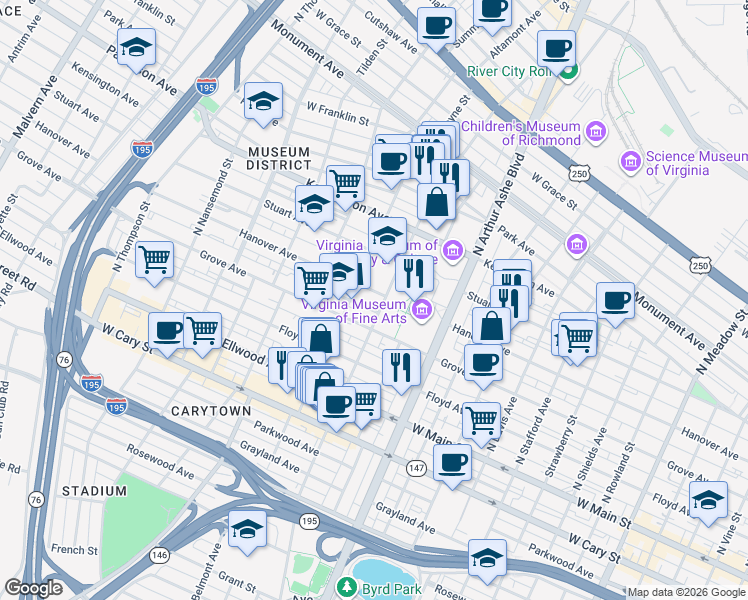 map of restaurants, bars, coffee shops, grocery stores, and more near 3007 Hanover Avenue in Richmond