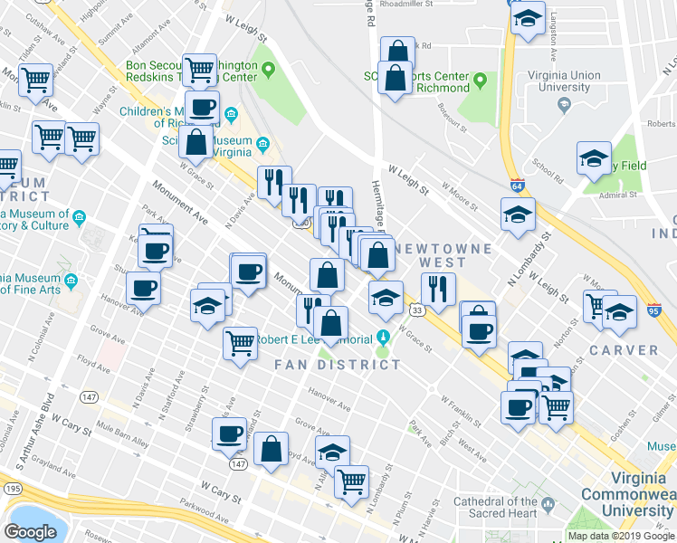 map of restaurants, bars, coffee shops, grocery stores, and more near 2026 West Grace Street in Richmond
