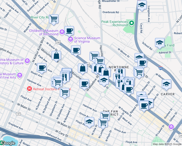 map of restaurants, bars, coffee shops, grocery stores, and more near 2026 West Grace Street in Richmond