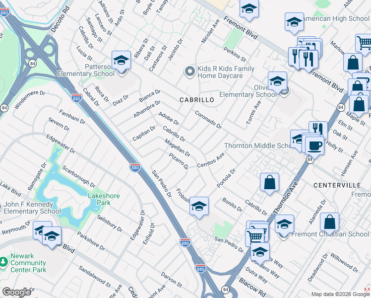 map of restaurants, bars, coffee shops, grocery stores, and more near 36146 Magellan Drive in Fremont