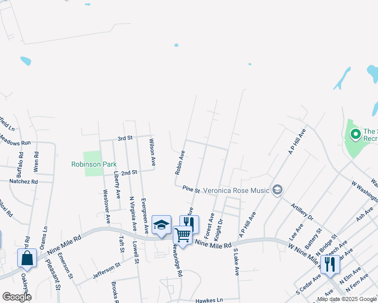 map of restaurants, bars, coffee shops, grocery stores, and more near 117 Robin Avenue in Richmond