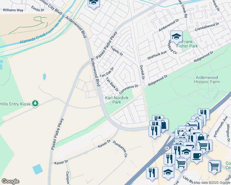 map of restaurants, bars, coffee shops, grocery stores, and more near 6003 Milano Terrace in Fremont