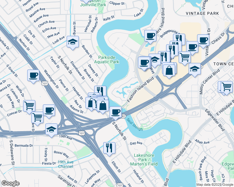 map of restaurants, bars, coffee shops, grocery stores, and more near 1107 Shoreline Drive in San Mateo