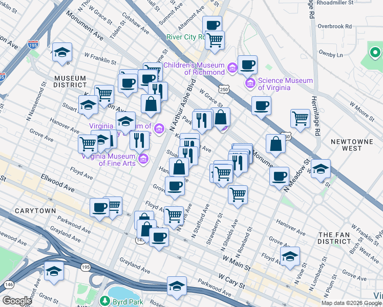 map of restaurants, bars, coffee shops, grocery stores, and more near 402 North Robinson Street in Richmond