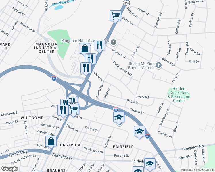 map of restaurants, bars, coffee shops, grocery stores, and more near 2216 Beau Lane in Richmond