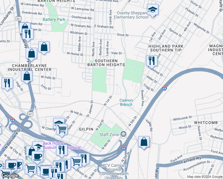 map of restaurants, bars, coffee shops, grocery stores, and more near 1608 Monteiro Street in Richmond