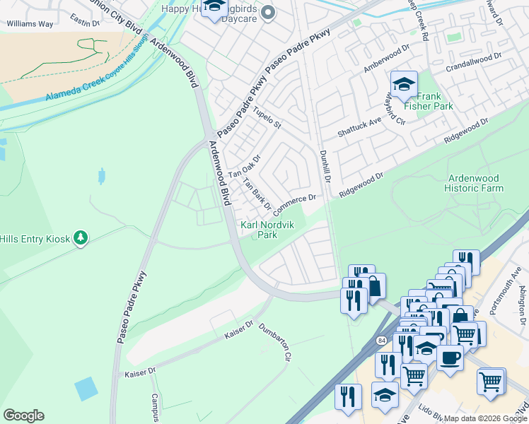 map of restaurants, bars, coffee shops, grocery stores, and more near 6008 Capriana Common in Fremont
