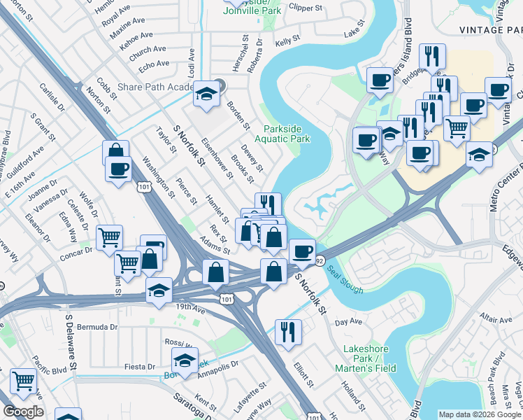 map of restaurants, bars, coffee shops, grocery stores, and more near 1512 Roberta Drive in San Mateo