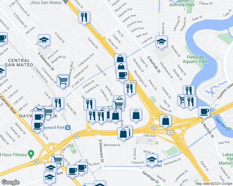 map of restaurants, bars, coffee shops, grocery stores, and more near 1730 South Amphlett Boulevard in San Mateo