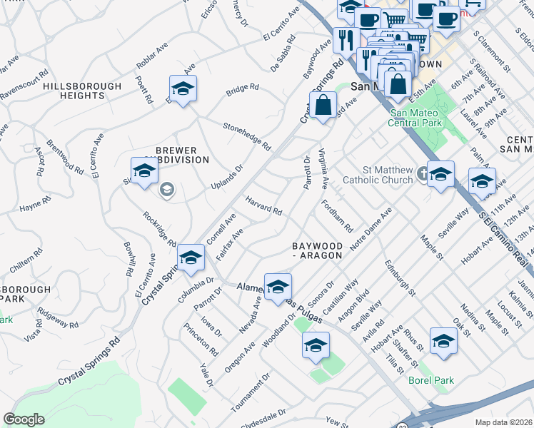 map of restaurants, bars, coffee shops, grocery stores, and more near 248 Harvard Road in San Mateo