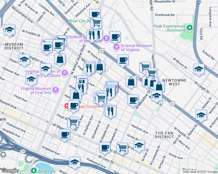map of restaurants, bars, coffee shops, grocery stores, and more near 2400 Park Avenue in Richmond