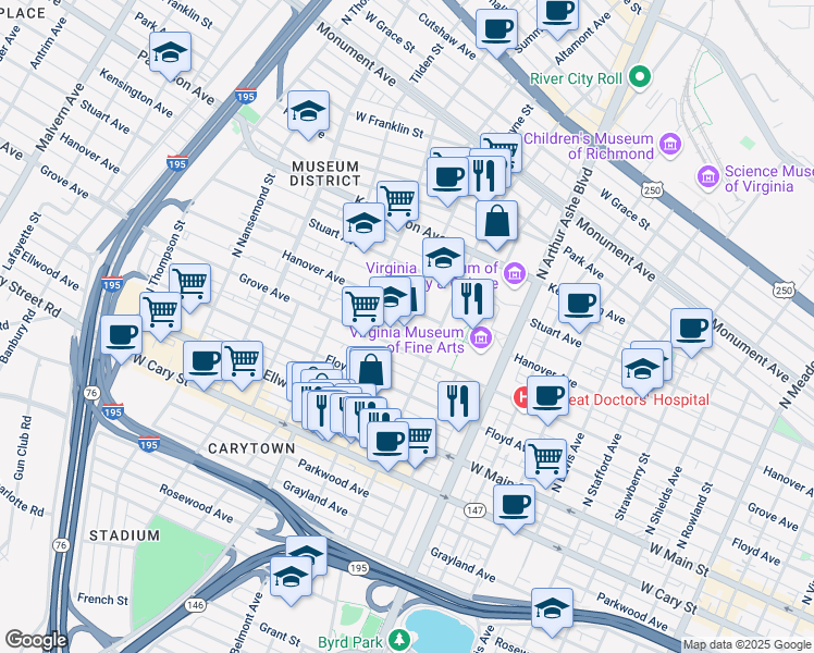 map of restaurants, bars, coffee shops, grocery stores, and more near 3102 Hanover Avenue in Richmond