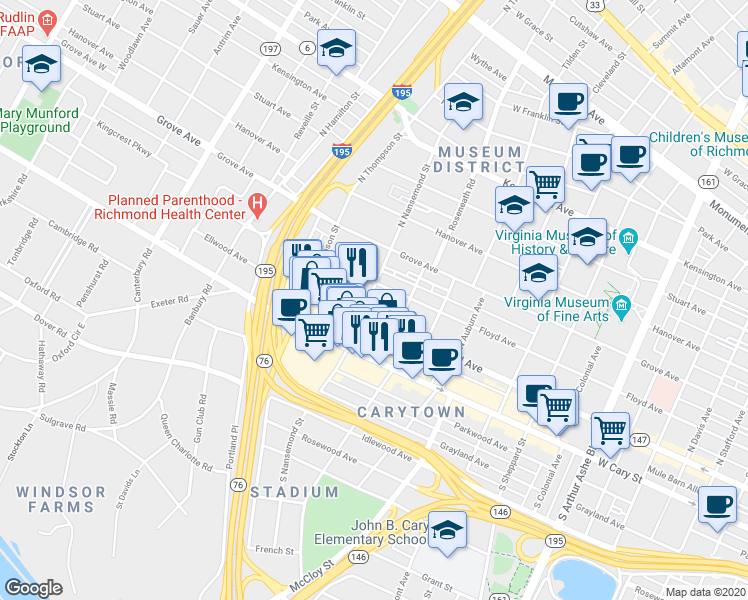 map of restaurants, bars, coffee shops, grocery stores, and more near 19 North Nansemond Street in Richmond