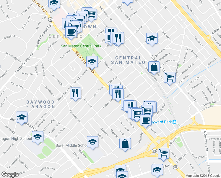 map of restaurants, bars, coffee shops, grocery stores, and more near 1021 S El Camino Real in San Mateo