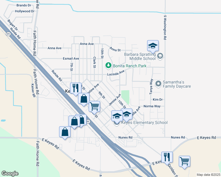 map of restaurants, bars, coffee shops, grocery stores, and more near 5521 10th Street in Keyes