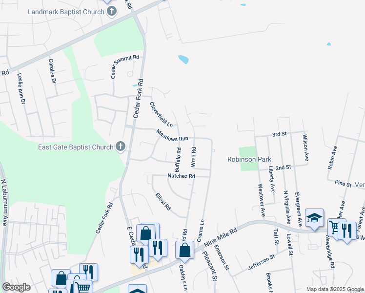 map of restaurants, bars, coffee shops, grocery stores, and more near 221 Buffalo Road in Richmond