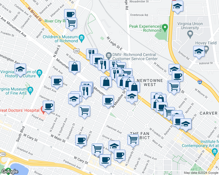 map of restaurants, bars, coffee shops, grocery stores, and more near 701 North Allison Street in Richmond
