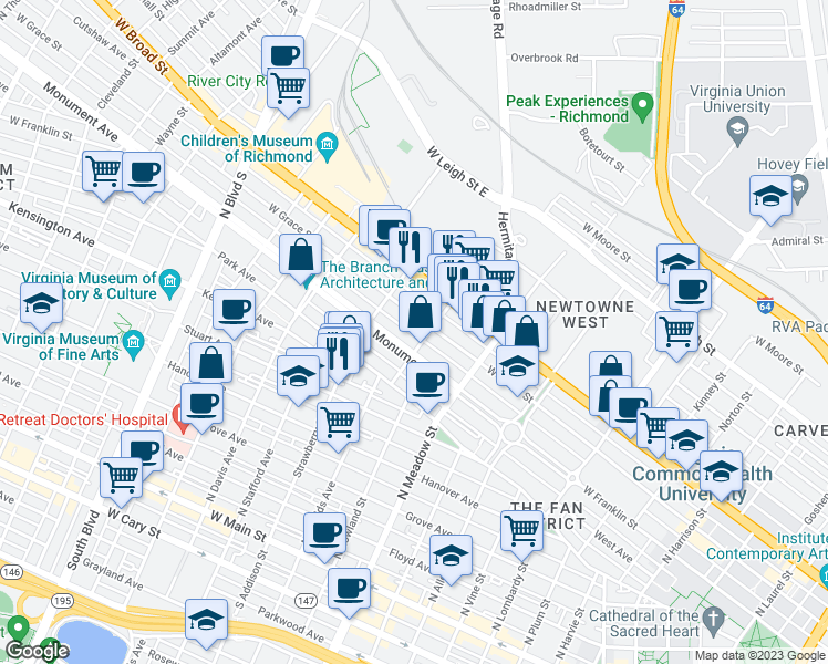 map of restaurants, bars, coffee shops, grocery stores, and more near 2209 West Grace Street in Richmond