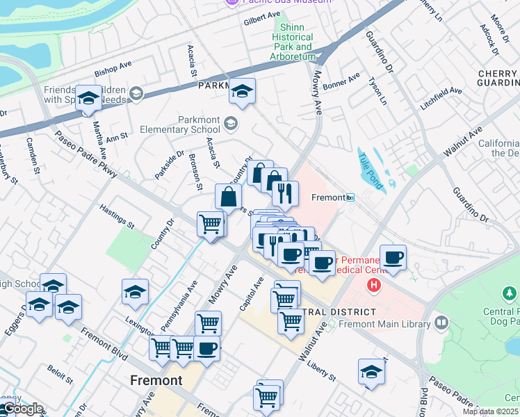 map of restaurants, bars, coffee shops, grocery stores, and more near 2299 Mowry Avenue in Fremont
