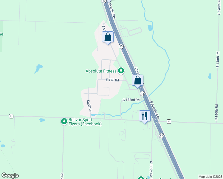 map of restaurants, bars, coffee shops, grocery stores, and more near 1306 East 477th Road in Bolivar