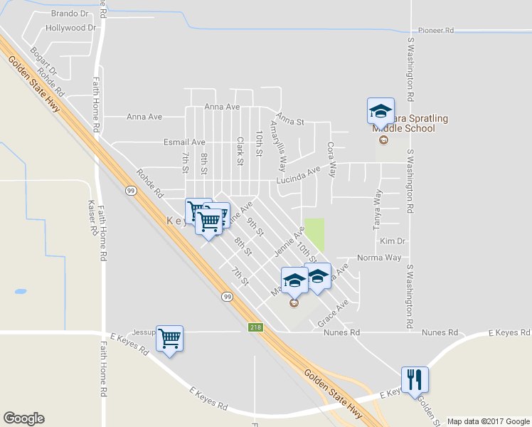 map of restaurants, bars, coffee shops, grocery stores, and more near 5521 10th Street in Keyes