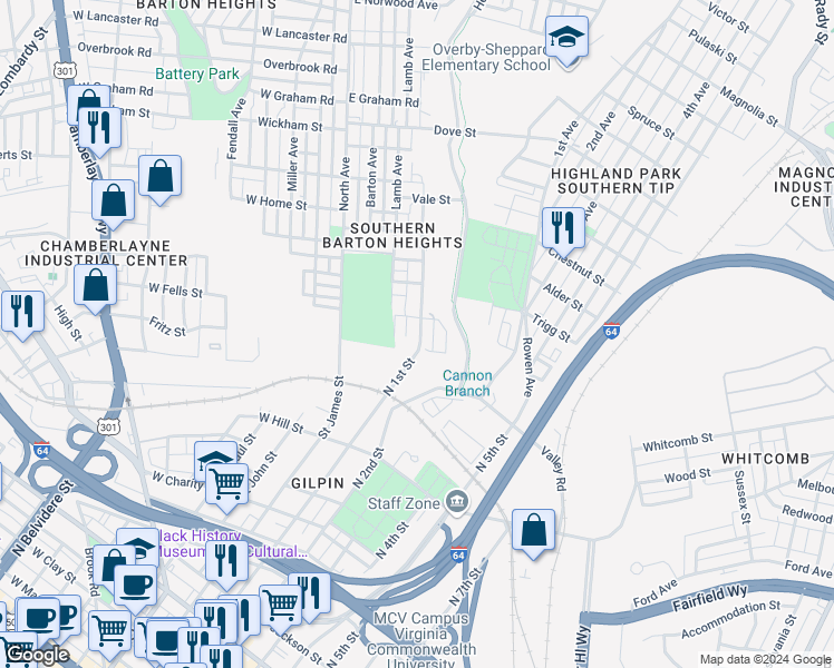 map of restaurants, bars, coffee shops, grocery stores, and more near 1610 Monteiro Street in Richmond