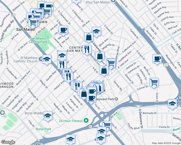 map of restaurants, bars, coffee shops, grocery stores, and more near 151 14th Avenue in San Mateo
