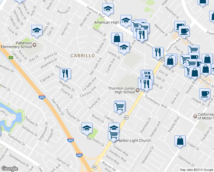 map of restaurants, bars, coffee shops, grocery stores, and more near 36515 Coronado Drive in Fremont