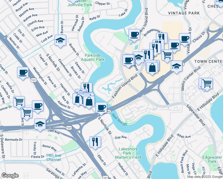 map of restaurants, bars, coffee shops, grocery stores, and more near 111 Harbor Seal Court in San Mateo