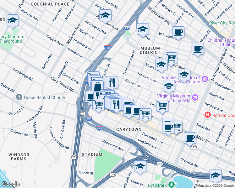 map of restaurants, bars, coffee shops, grocery stores, and more near 19 North Nansemond Street in Richmond
