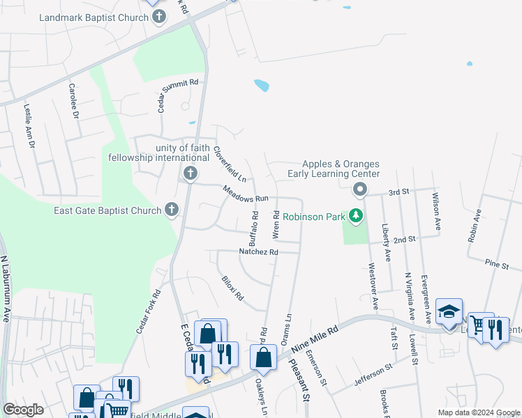 map of restaurants, bars, coffee shops, grocery stores, and more near 221 Buffalo Road in Richmond