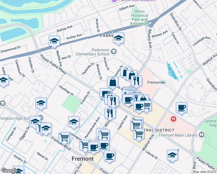 map of restaurants, bars, coffee shops, grocery stores, and more near 2500 Country Drive in Fremont