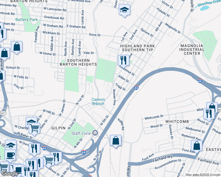 map of restaurants, bars, coffee shops, grocery stores, and more near 1620 Matthews Street in Richmond