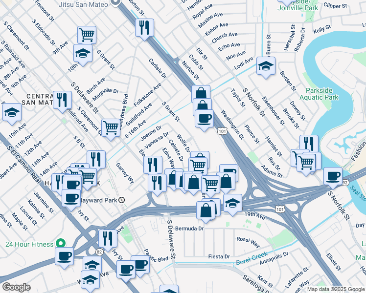 map of restaurants, bars, coffee shops, grocery stores, and more near 1704 Wolfe Drive in San Mateo