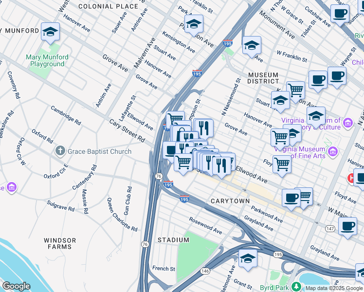 map of restaurants, bars, coffee shops, grocery stores, and more near in Richmond