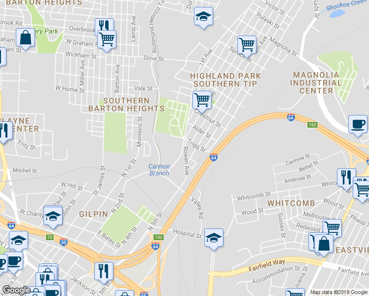 map of restaurants, bars, coffee shops, grocery stores, and more near 1606 Rowen Avenue in Richmond