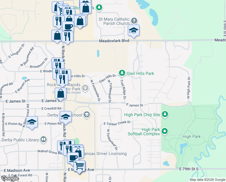 map of restaurants, bars, coffee shops, grocery stores, and more near 1118 North Timberleaf Drive in Derby