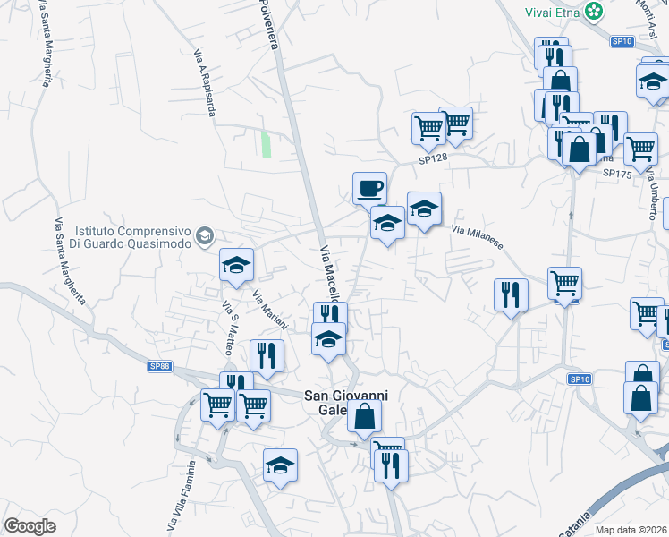 map of restaurants, bars, coffee shops, grocery stores, and more near 44 Via Macello in Catania
