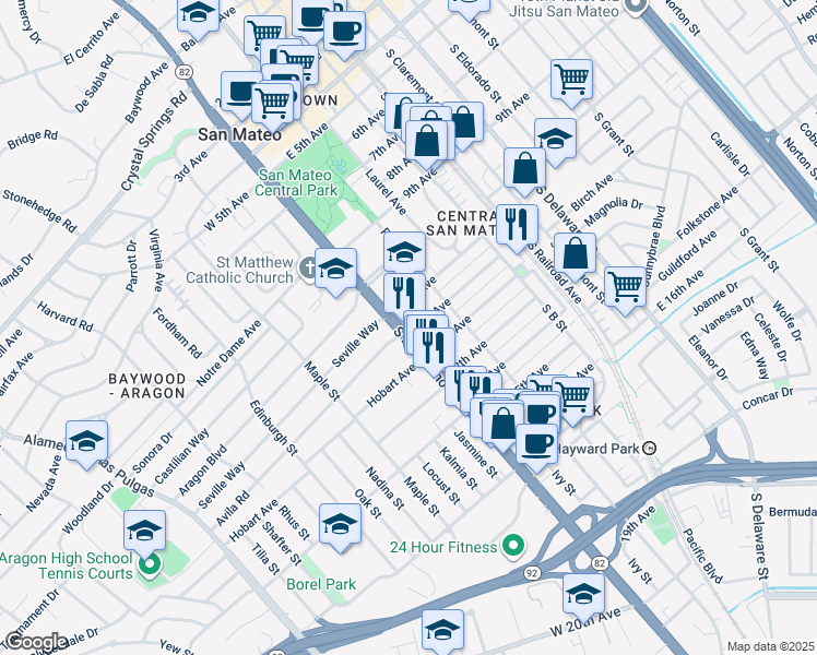 map of restaurants, bars, coffee shops, grocery stores, and more near 1021 California 82 in San Mateo