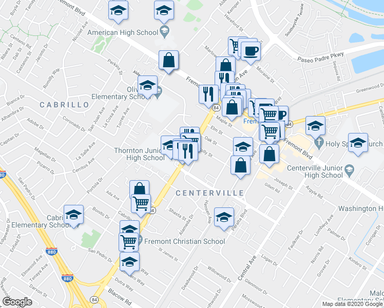 map of restaurants, bars, coffee shops, grocery stores, and more near 4318 Thornton Ave in Fremont