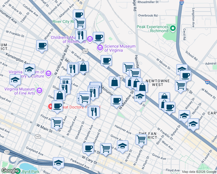 map of restaurants, bars, coffee shops, grocery stores, and more near 2218 Monument Avenue in Richmond