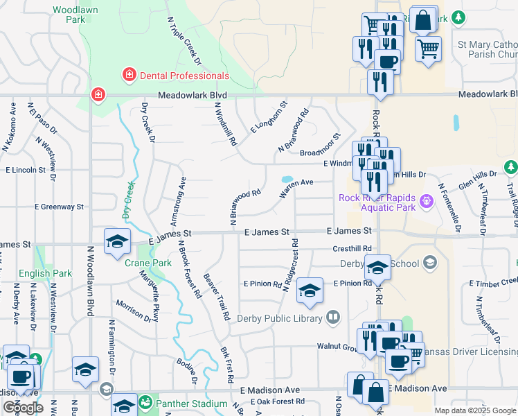 map of restaurants, bars, coffee shops, grocery stores, and more near 1406 E Warren Ave in Derby