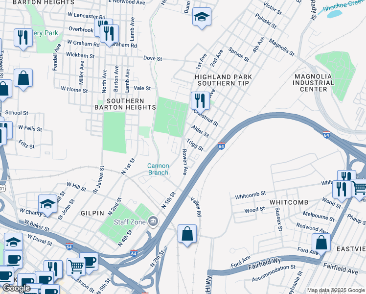 map of restaurants, bars, coffee shops, grocery stores, and more near 1606 Rowen Avenue in Richmond