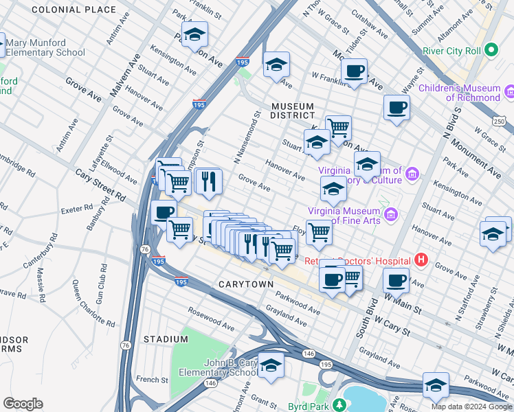 map of restaurants, bars, coffee shops, grocery stores, and more near 3316 Floyd Avenue in Richmond